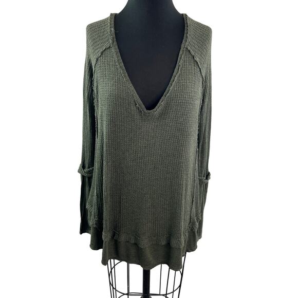 We The Free People Laguna Green Top Waffle Deep Neck Raglan Sleeve Size Small S - Picture 1 of 11